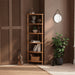 A sleek, modern wooden corner bookcase featuring six open shelves, perfect for organizing books and decorative items.