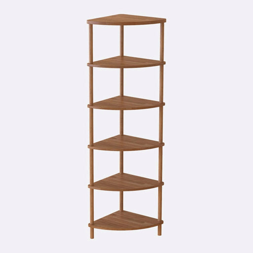 Close-up of the Webb wooden corner bookcase with a minimalist design, showcasing its clean lines and spacious shelving.
