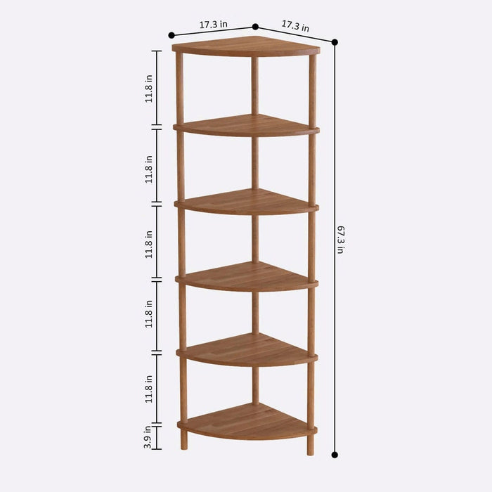 The Webb wooden corner bookcase standing in a living room corner, displaying a mix of books and decorative pieces.