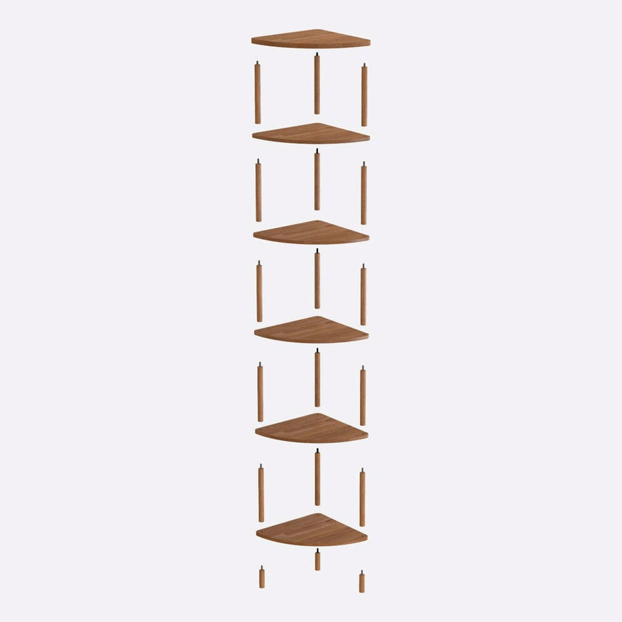 A side view of the Webb corner bookcase with its elegant wooden finish and ample shelf space for storage.