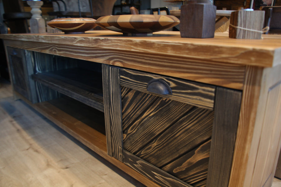 Minneapolis Pine Wood TV Stand with Shelves and Cabinets Tomruque Wood Studios