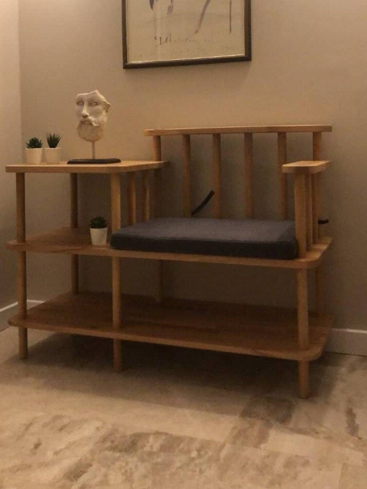 Grant Solid Beech Wood and Linen Bench | Modern Upholstered Entryway Bench Demontha