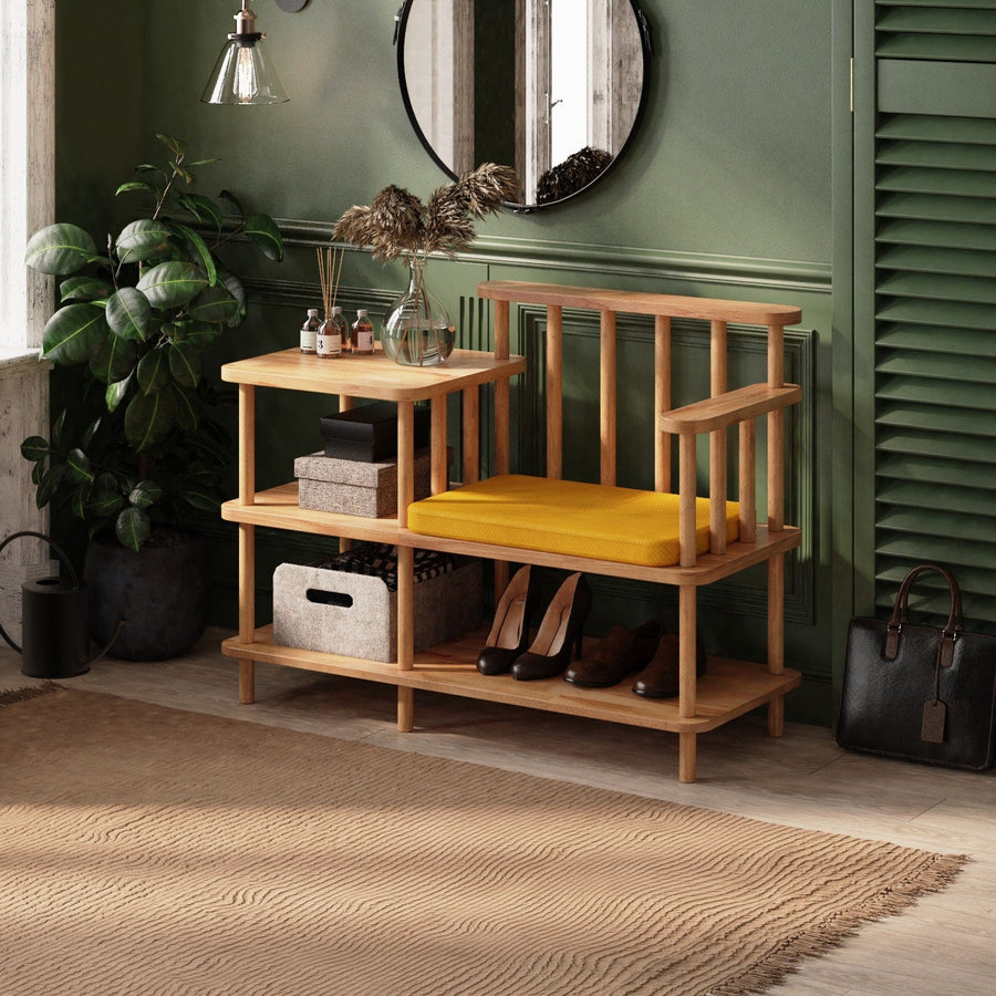 Grant Solid Beech Wood and Linen Bench | Modern Upholstered Entryway Bench Demontha