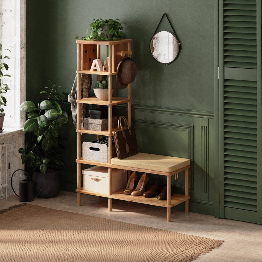 Lincoln Solid Beech Wood Cloakroom | Modern Entryway Bench and Coat Rack Demontha