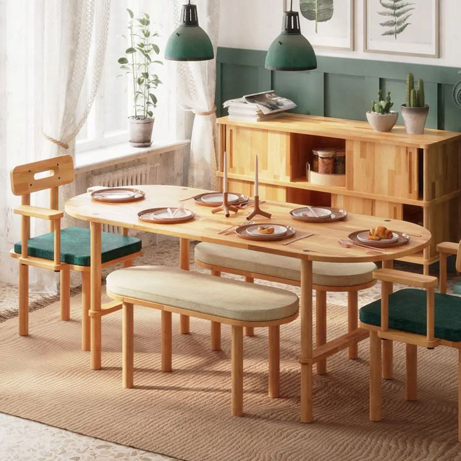 Soho Solid Beech Wood and Linen Bench | Modern Upholstered Dining Bench Demontha