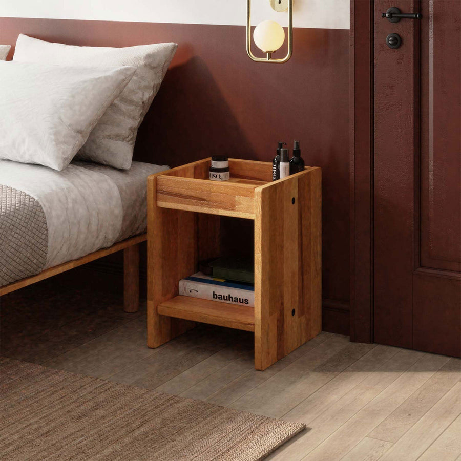 Compton Solid Beech Wood Nightstand | Minimalist Two-Shelf Bedside Table Demontha